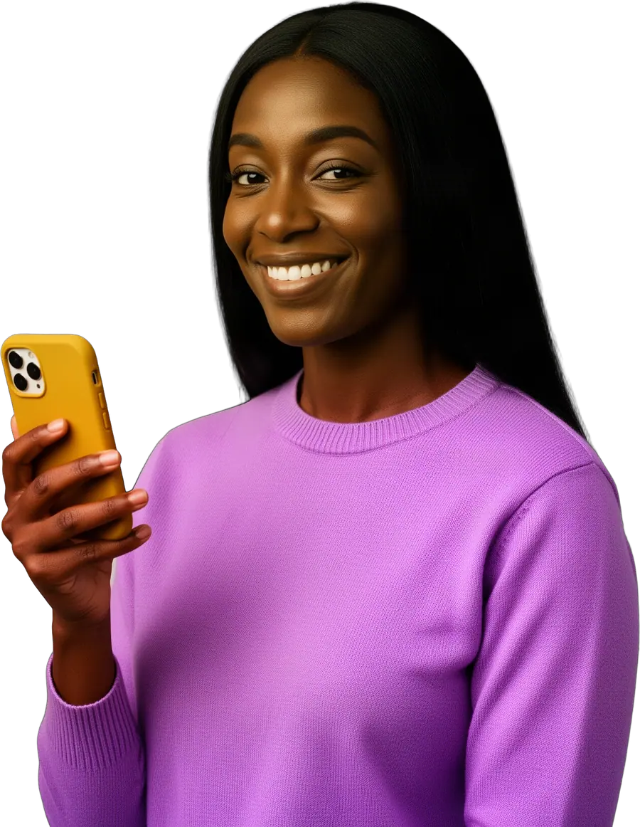 Smiling woman in a lavender sweater holding a mustard-yellow phone in one hand